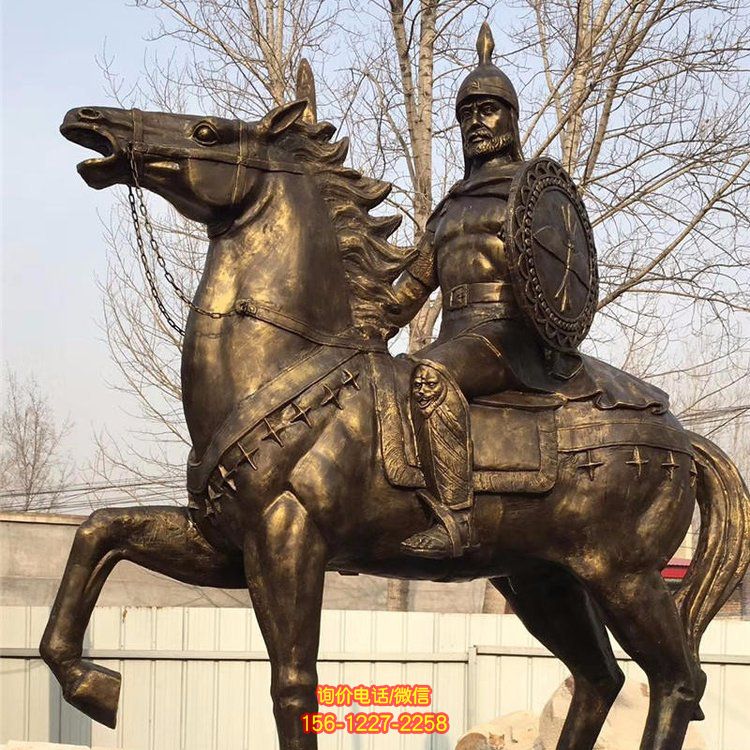 西方古代的騎馬士兵銅雕，手持盾牌騎馬身上的西方戰士