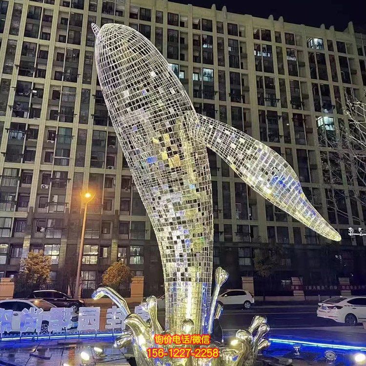 不銹鋼鯨魚(yú)，大型鐵藝鏤空網(wǎng)格鯨魚(yú)水景裝飾景觀